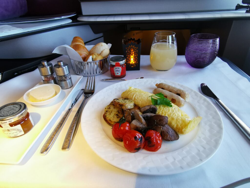 Qatar Airways QSuite London to Doha breakfast