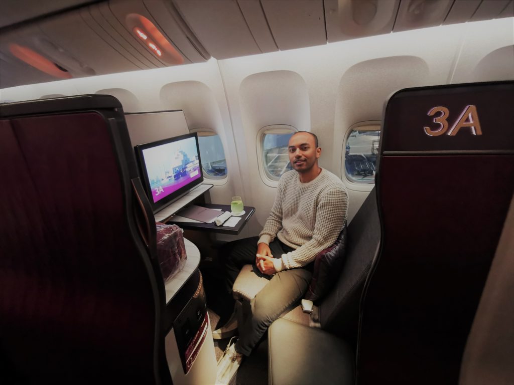 Qatar Airways Qsuite London to Doha. Settling into QSuite 3A