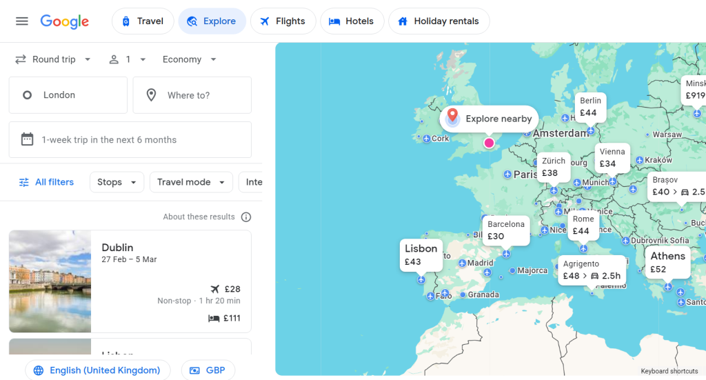 Google Flights Search Anywhere Explore Tool