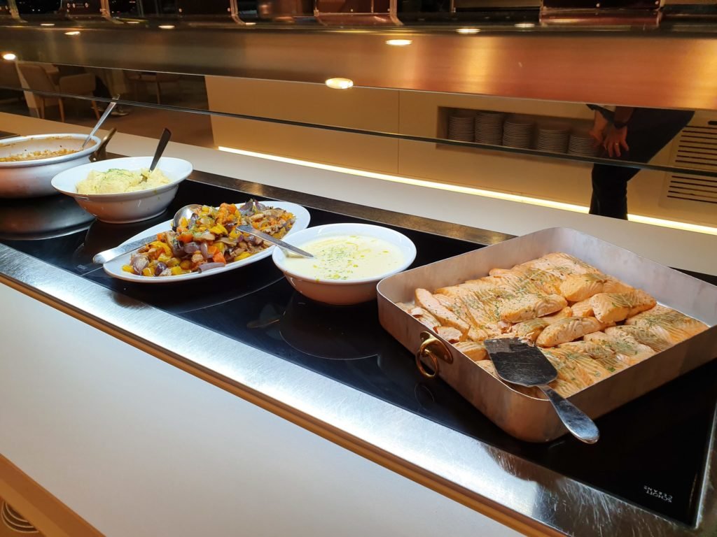 Iberia Premium Lounge T4S evening food salmon veg