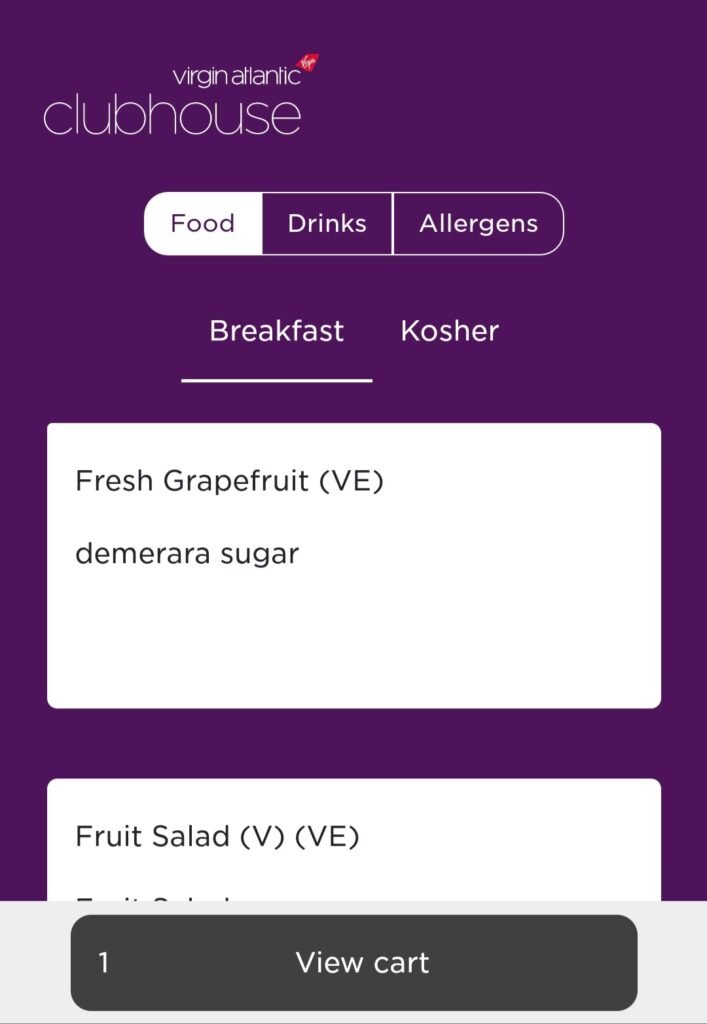 Virgin Clubhouse Breakfast Menu