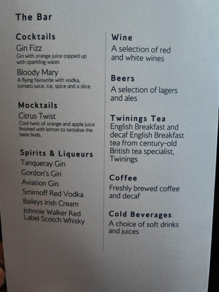 BA Premium Economy Drinks Menu Austin London