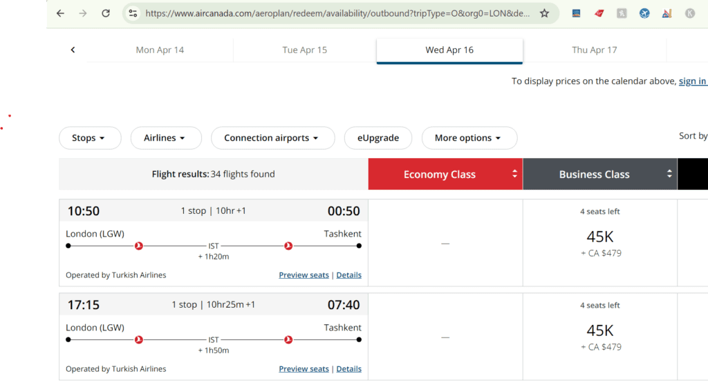 Aeroplan Turkish Awards from London to Tashkent 45K