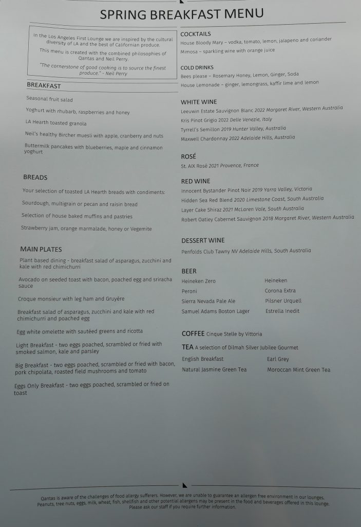 Qantas First Class Lounge LAX Breakfast Menu