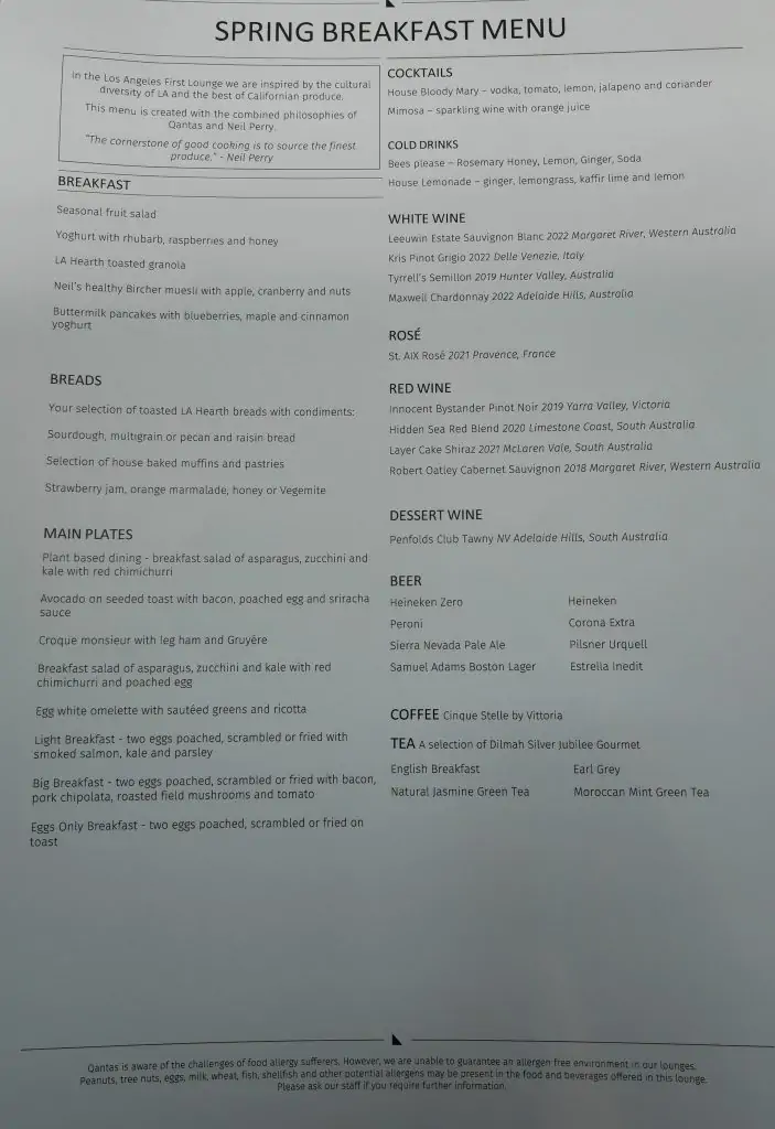 Qantas First Class Lounge LAX Breakfast Menu