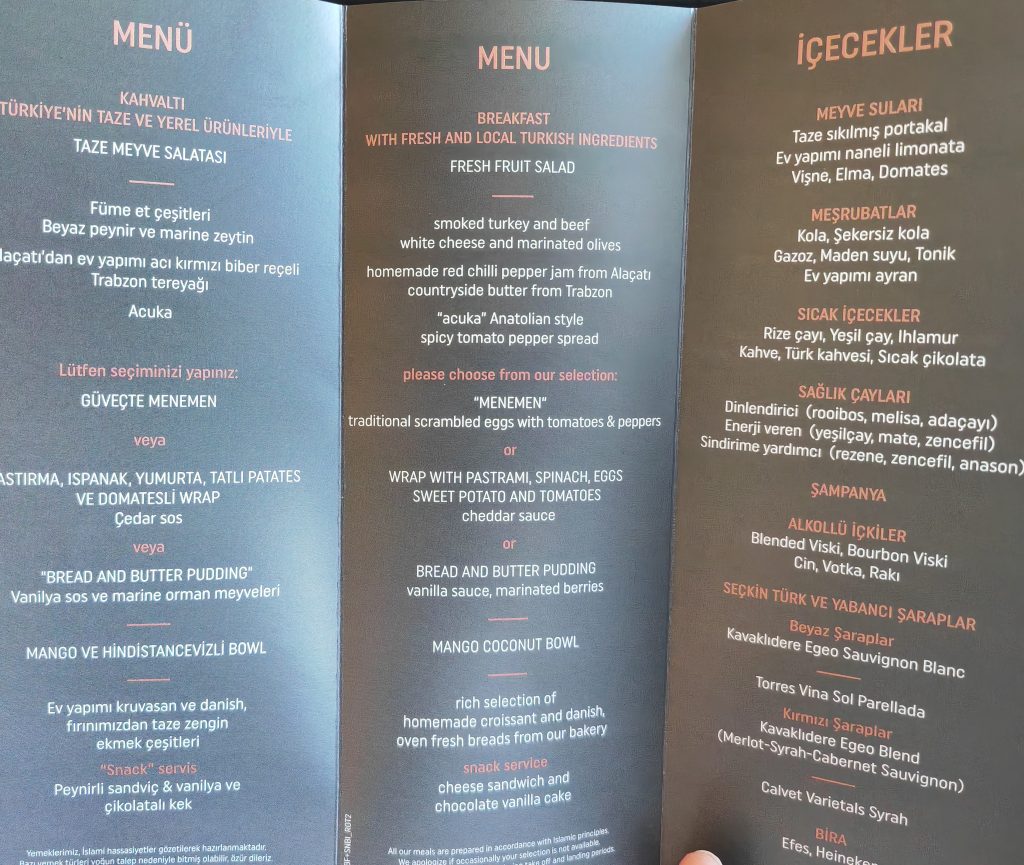 Turkish Airlines Business Class Tashkent Menu