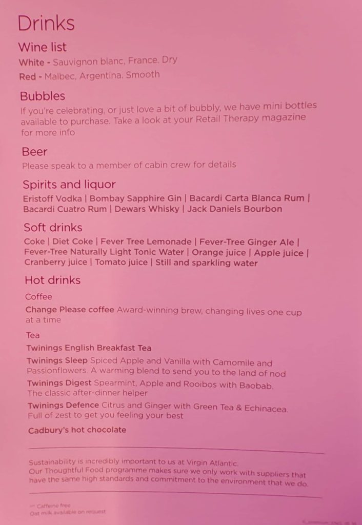 VS303 Drinks Menu