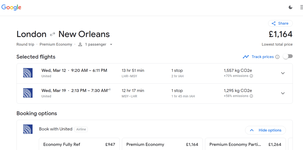 United Premium Plus Pricing LHR MSY