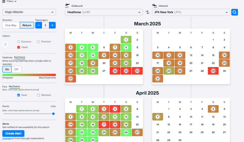 Virgin Flying Club New Dynamic Availability Calendar Heatmap