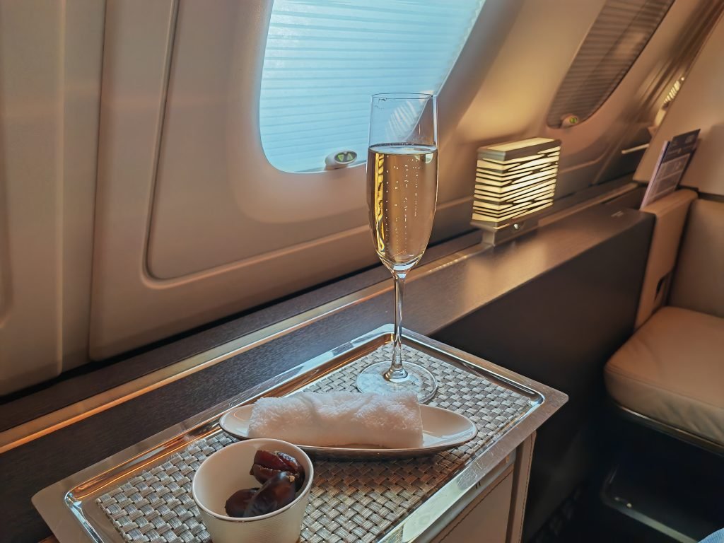 Etihad First Class Apartment A380 Welcome Champage Dates & Hot Towel