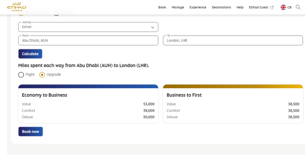 Etihad Miles Upgrade Price