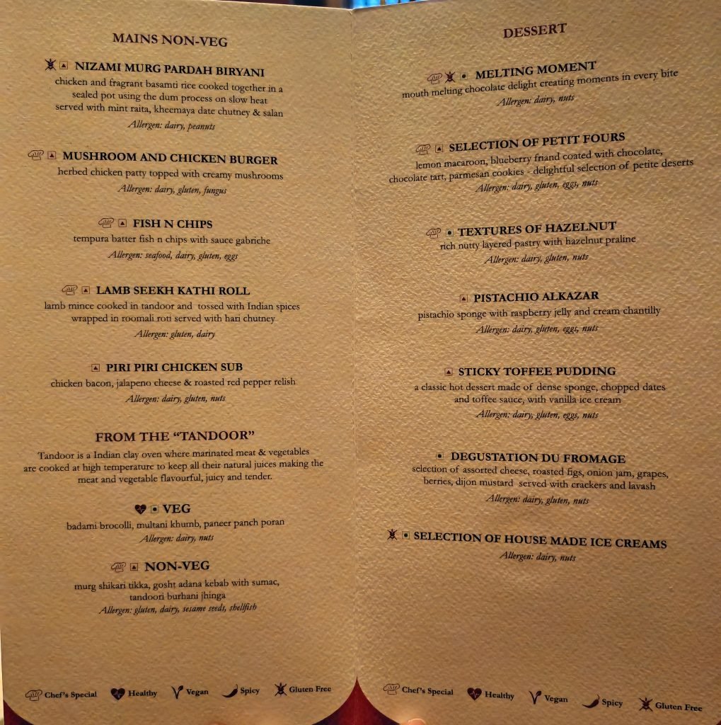 Adani First Class Lounge BOM A La Carte Menu