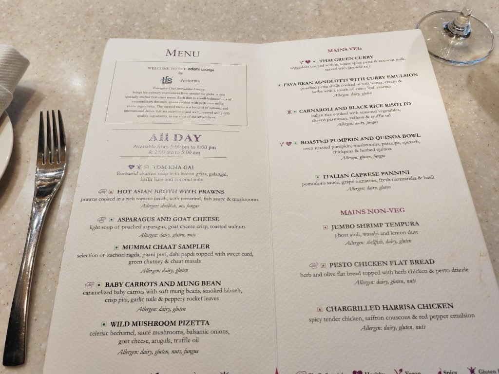 Adani First Class Lounge Mumbai A La Carte Menu