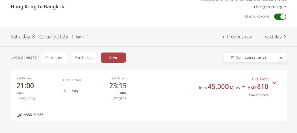 Emirates First Class Pricing Awards on Bangkok Hong Kong Route