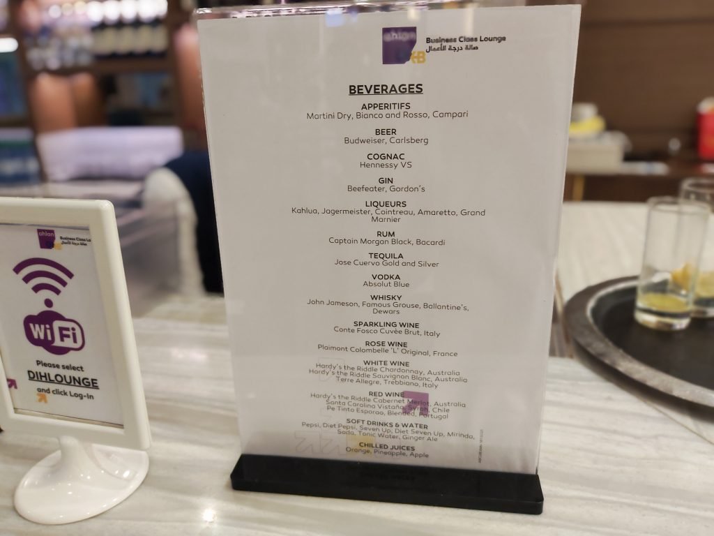 ahlan Business Class Lounge Dubai T1 Bar Menu