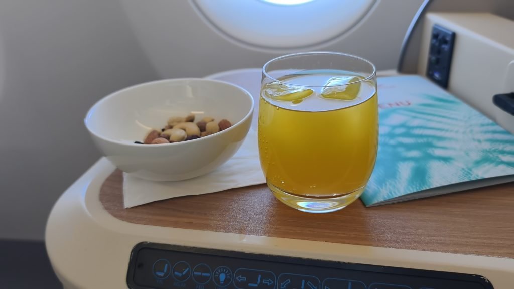 Air Mauritius A350 Business class Post Takeoff Drink & Nuts Air Mauritius A350 Business class Post Takeoff Drink & Nuts