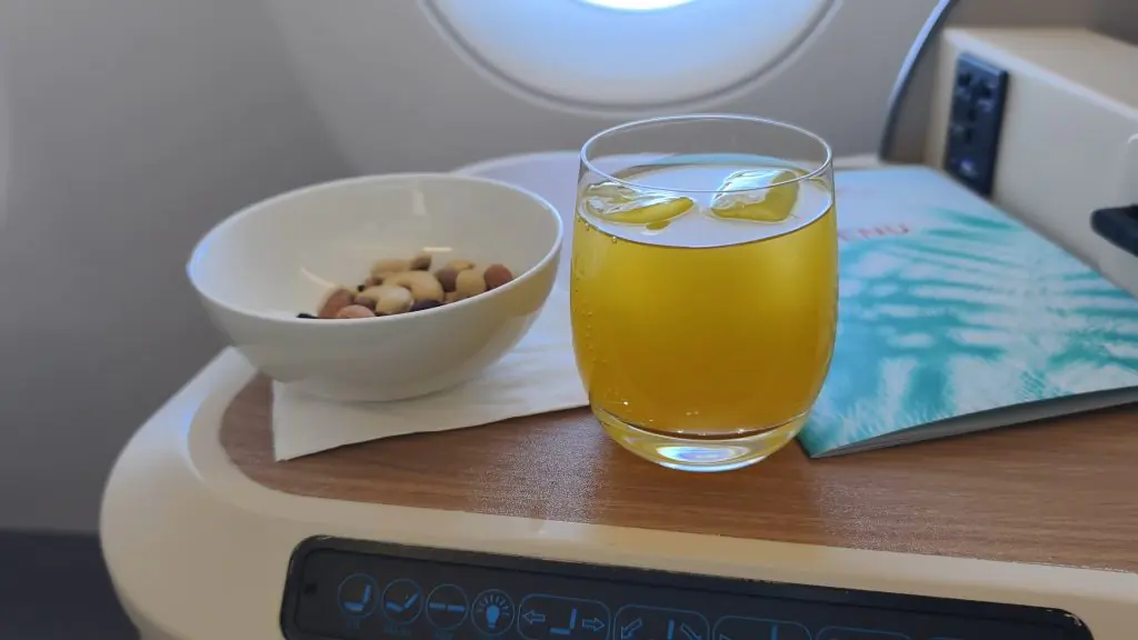 Air Mauritius A350 Business class Post Takeoff Drink & Nuts Air Mauritius A350 Business class Post Takeoff Drink & Nuts