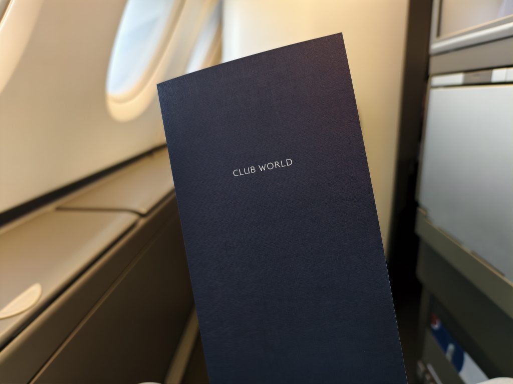 BA A380 Club London to Johannesburg Menu