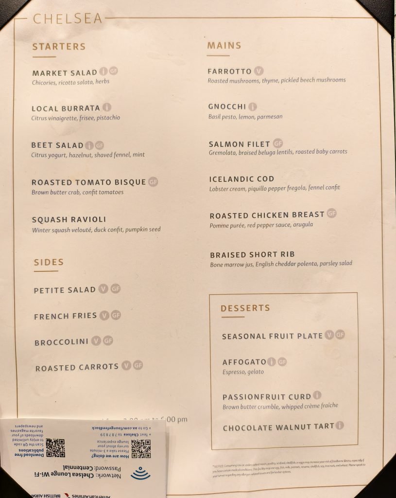 Chelsea Lounge JFK A la carte Menu Chelsea Lounge JFK A la carte Menu