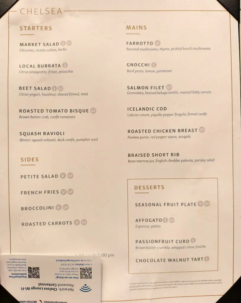 Chelsea Lounge JFK A la carte Menu Chelsea Lounge JFK A la carte Menu