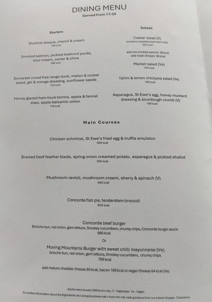 British Airways Concorde Room Menu