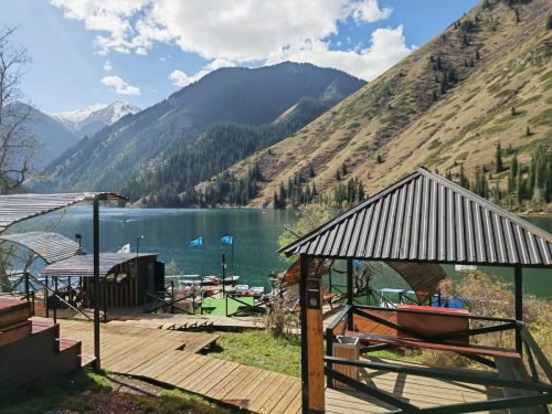 Kolsai-Lake-with-Snowy-Mountain-Backdrop